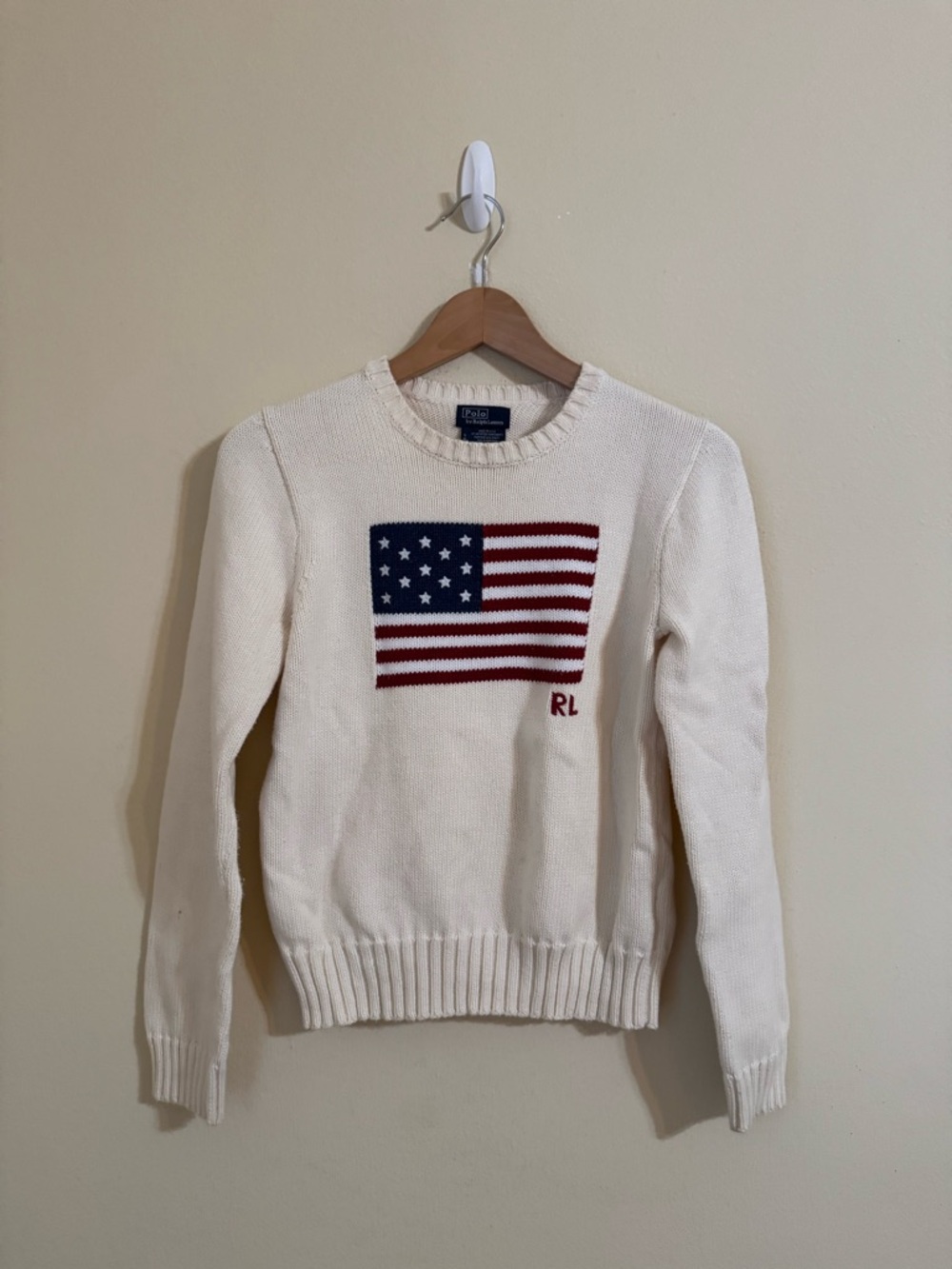 Polo Ralph Lauren American Flag Sweater USA Knit Crewneck Cream Size S
